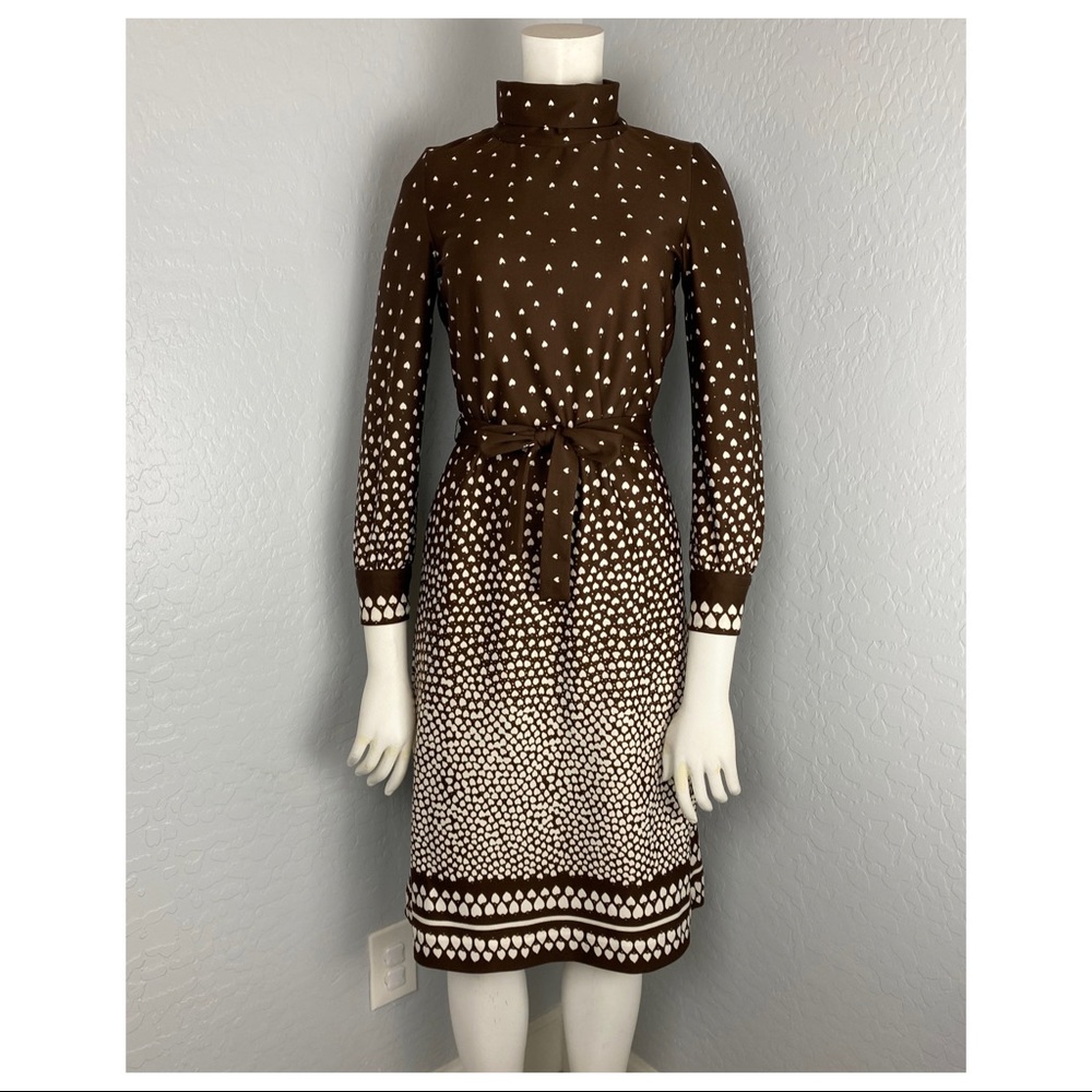 Vintage Brown Mock Neck Heart Spade Print Dress